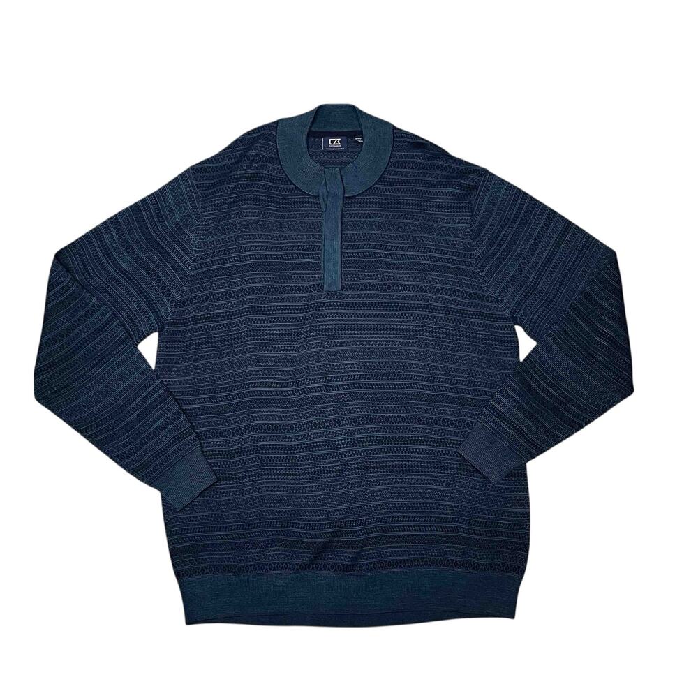 Cutter & Buck Men’s Mock Neck Sweater 2XT Blue Knit Striped Wool Blend Pullover